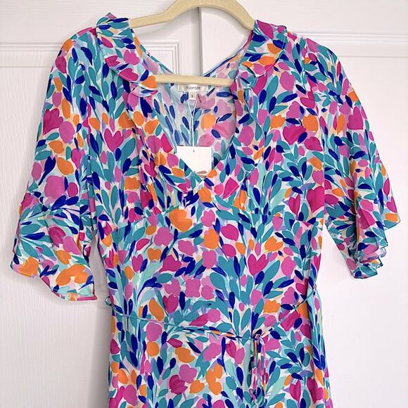 Tyler Boe 100% Silk Floral Midi Dress V-Neck Short Ruffled Sleeves A-Line Small - Picture 3 of 16